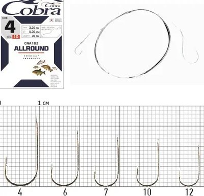 Гачки з повідцем Cobra ALLROUND 70cm, 0,14mm, разм.10, 10шт. CNA102-010 фото