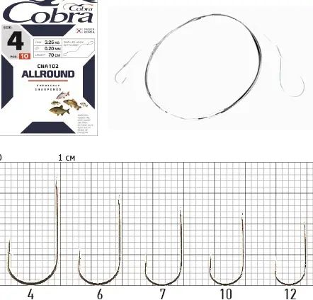 Гачки з повідцем Cobra ALLROUND 70cm, 0,12mm, разм.12, 10шт. CNA102-012 фото